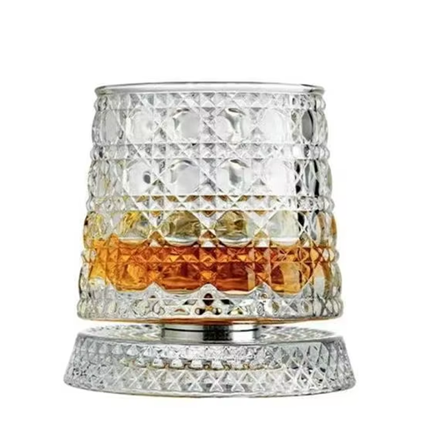2026 Crystal Whiskey Glass 360 Degree Rotating Tumbler with Glass Base for Cocktail Party Home Use