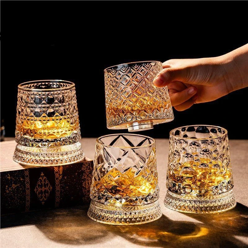 2026 Crystal Whiskey Glass 360 Degree Rotating Tumbler with Glass Base for Cocktail Party Home Use
