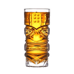 Hawaiian Tiki Glass with Orange Cocktail, Authentic Ghost Face Tiki Mug for Tiki Bar