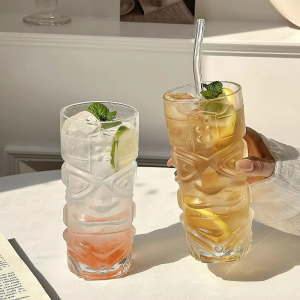 Hawaiian Tiki Glass with Orange Cocktail, Authentic Ghost Face Tiki Mug for Tiki Bar